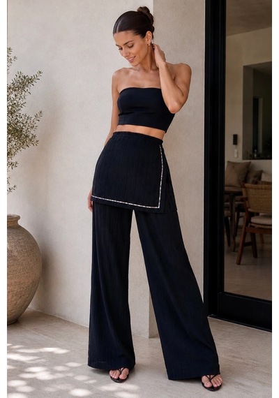 Bb Butik Basic Ön Panelli Etek Görünümlü Geniş Paça Kadın Pantolon My3535 siyah