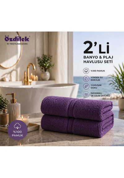 Özdilek Belda Plaj Havlusu 70x140 Cm %100 Pamuk Büyük Boy Yumuşak Havlu Yüksek Emici & Hızlı Kuruyan Deniz, Plaj, Havuz Havlusu Mor