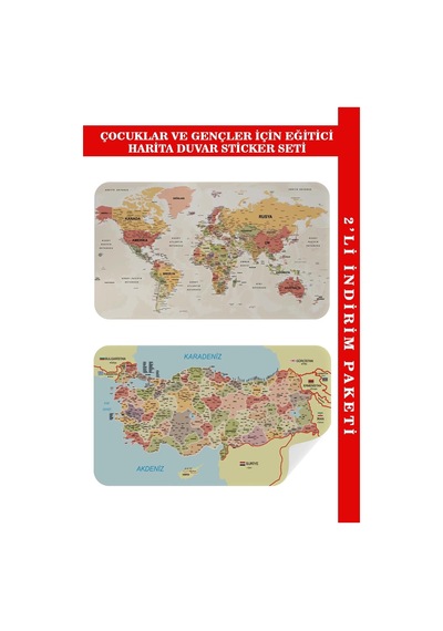 Eğitici - Öğretici Dünya Ve Türkiye Haritası Çocuk Odası Duvar Sticker-60x105-3890 Renkli