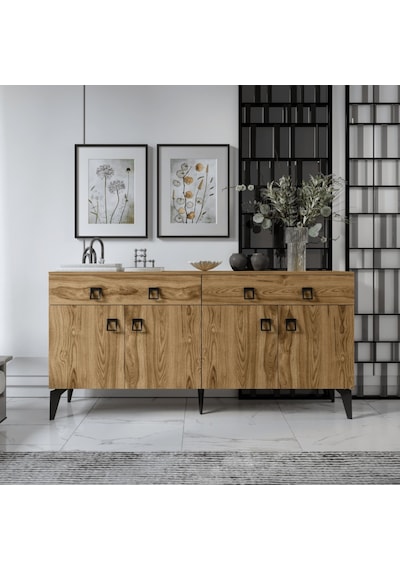 Elara Konsol 180 Cmı Ceviz,metal Ayaklı 4 Kapaklı 2 Çekmeceli Modern Konsol Ceviz