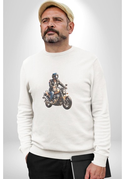 Kask Motorsiklet Dünya Turu Unisex Beyaz Baskılı Sweatshirt Beyaz