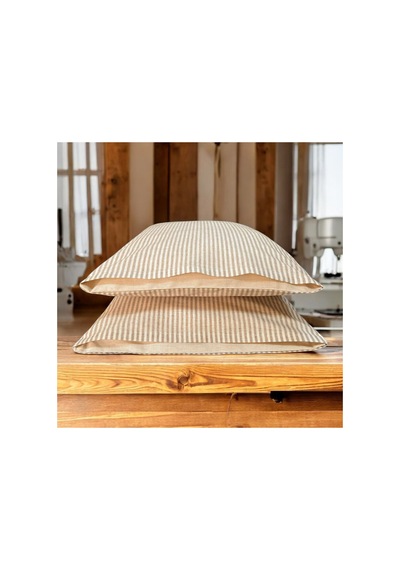 %100 Pamuk İpliği Boyalı Çizgili Tek Kişilik Yastık Kılıfı 2'li Set - 50x70 Cm Naturel Cep Detaylı Kahverengi