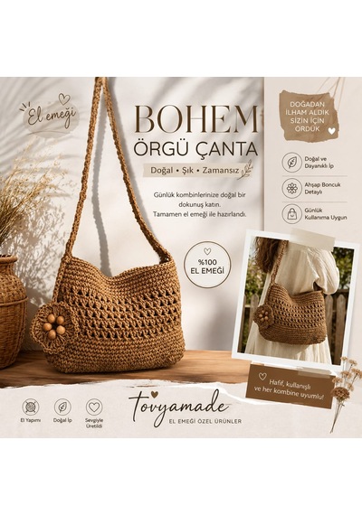 Tovyamade Kağıt İp Taba Renk Çiçek Detaylı Çanta Taba Kahverengi