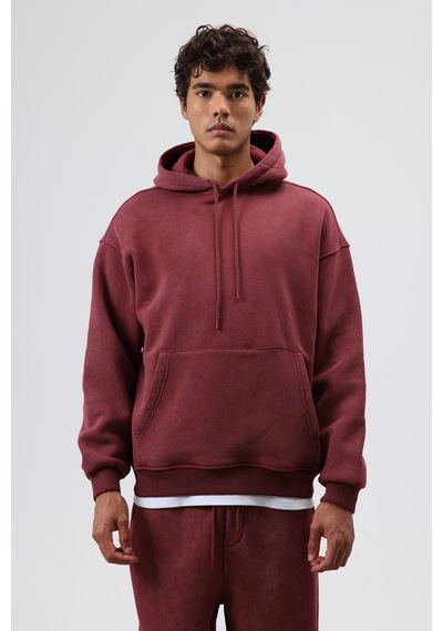 Vamos Basic Oversize Yıkamalı Hoodie Bordo