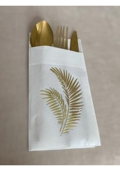Gold Yaldızlı Beyaz Yaprak Cepli Aır Touch Peçete 12 lı 40x40