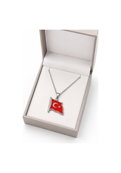 Türk Bayrağı Ay Yıldız Tasarımlı Kırmızı Gümüş Renk Kolye Hediye Çok renkli