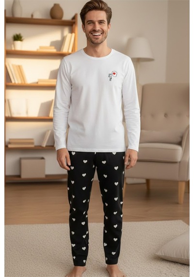 Siyah İnci Erkek Ekose Merry Christmas Baskılı Yılbaşı Temalı Örme Pijama Takım 7969 Siyah Kalp