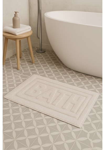 Bath Banyo Paspası 80x50 Dekoratif, Yıkanabilir, Tüylenme Yapmaz Ekru