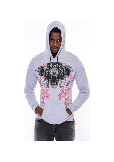 Wessi Gri Taşlı Baskılı Kapşonşlu Sweatshirt Gri
