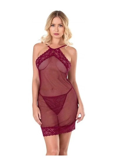 Ang Butik Kadın Dantel İşlemeli Bordo Kısa File Tül Gecelik