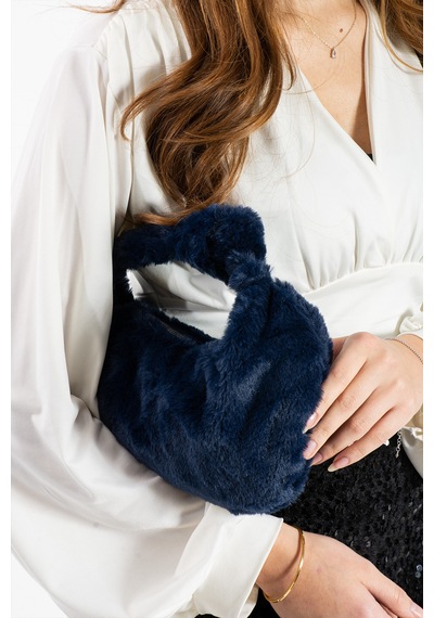 Plush Studıo Istanbul Puff Pouch Mini Kol Çantası, Tavşan Tüyü Peluş Çanta Lacivert Lacivert