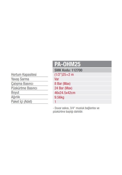 Palmera Pa-Ohm25 Otomatik Hortum Makarası 25M Geri Sarımlı