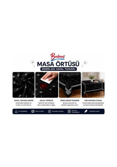 Hayal Tohumu Desenli Masa Örtüsü 150x150 Cm Leke Tutmaz Su Geçirmez Yıkanabilir Pano Desen Inox