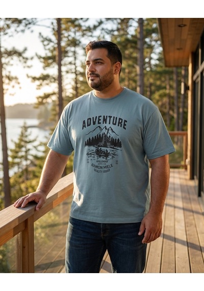 Büyük Beden Bisiklet Yaka Baskılı Erkek Tshirt Turkuaz