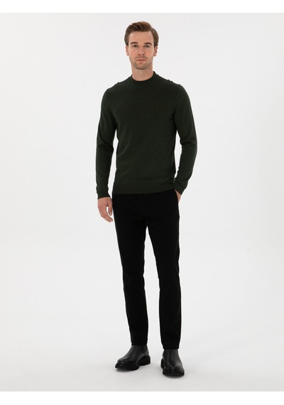 Cacharel Koyu Yeşil Slim Fit Yün Karışımlı Çeyrek Balıkçı Basic Triko Kazak Yesıl