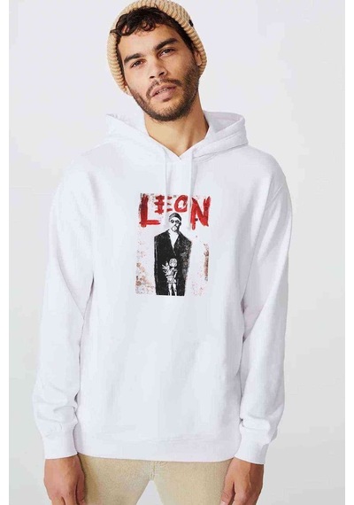 Leon Mathilda Retro Movie Baskılı Beyaz Erkek Örme Kapşonlu Sweat