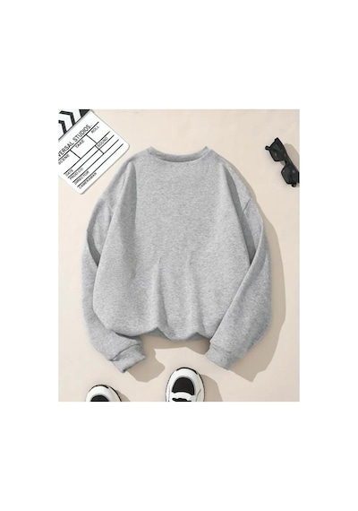 Herkesemoda Çilek Kurdele Baskı Detaylı Bisiklet Yaka Sweatshirt Gri