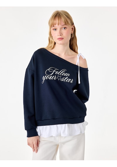 Koton Pamuklu Asimetrik Yaka Tek Askılı Baskılı Uzun Kollu Sweatshirt Lacivert 7wal10254ık