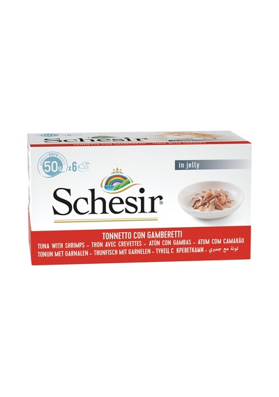 Schesir Tam Ve Dengeli Ton Balığı İle Karidesli Jöle İçinde Kedi Konservesi Multipack 6x50g