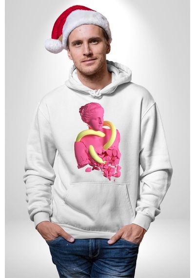 Pop Art Yaratıcı Heykel Pembe Kadın Erkek Beyaz Kapüşonlu Sweatshirt Hoodie Beyaz