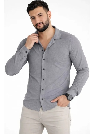 Etiler Collection Erkek Waffle Kumaş Uzun Kollu Düğmeli Açık Yaka Regular Fit Gömlek - Füme