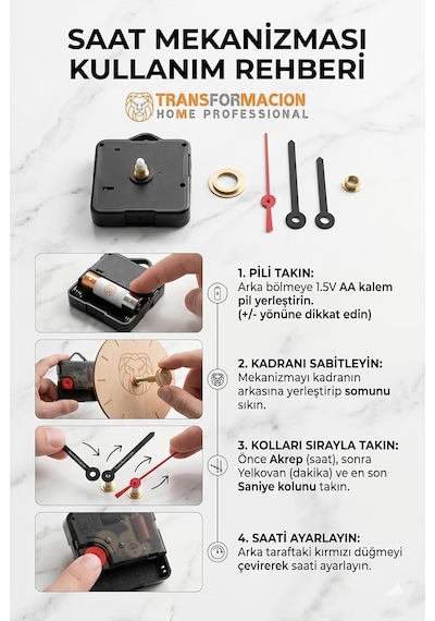 Sessiz Akar Duvar Saati Mekanizması, Akrep Yelkovan Seti, 5.7x5.4 Cm, Pil İle Çalışır