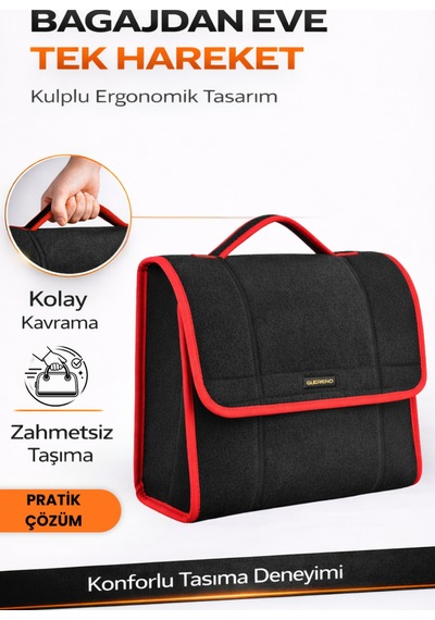 Oto Bagaj Organizer Bagaj Çantası M Boy Kaymaz Cırt Bantlı Velur Kompakt - Siyah Kırmızı