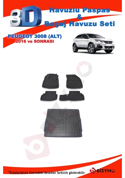 Peugeot 3008 2016 ve Sonrası Üst Paspas ve Bagaj Havuzu Seti Siyah