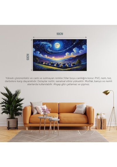 Doğa Ve Manzara Yatay Sessiz Bir Köyün Üzerinde Yıldızlı Gece Parlayan Ay 07 Çerçevesiz 90x60cm Pvc Tablo