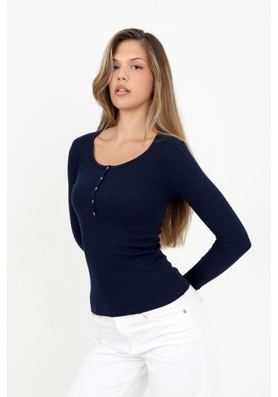 Hdm Kadın Lacivert Uzun Kollu Fitilli Patlı Düğmeli Basic Örme Bluz - H6162