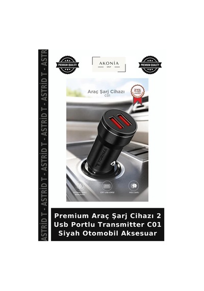 Premium Araç Şarj Cihazı 2 Usb Portlu Transmitter C01 Siyah Otomobil Aksesuar