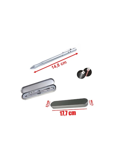 Metal Kutulu Kırmızı Lazerli, Beyaz Led Işıklı Pointer İşaretçi Kalemi Metal Tükenmez Kalem Gümüş