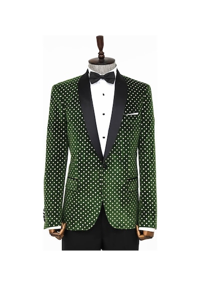 Wessi Nokta Desenli Slim Fit Koyu Yeşil Erkek Smokin Ceket Koyu Yeşil