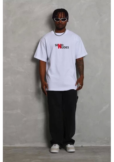 Unisex Bisiklet Yaka Double Oversize Baskılı T-shirt - Beyaz Beyaz