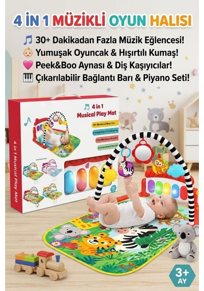 Safari Temalı 4'ü 1 Arada Müzikli Işıklı Sesli Piyanolu Oyuncaklı Aksesuarlı Eğitici Oyuncak Halı