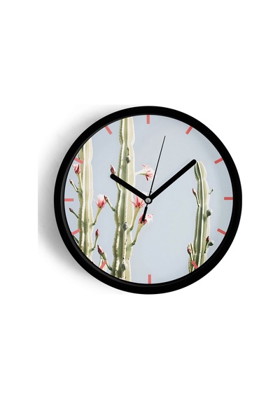 Kaktüs Çiçek Modern Duvar Saati - 25cm - Önü Camlı Siyah Kasa - Sessiz Mekanizma-jh0199 Siyah