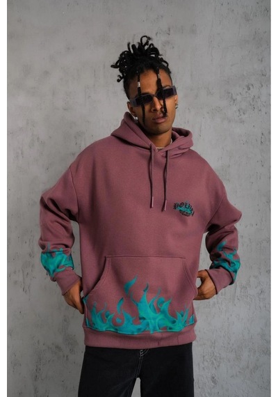 Erkek 3 İplik İçi Pamuklu Alev Baskılı Kapüşonlu Hoodie Sweatshirt - Gül Kurusu Gülkurusu