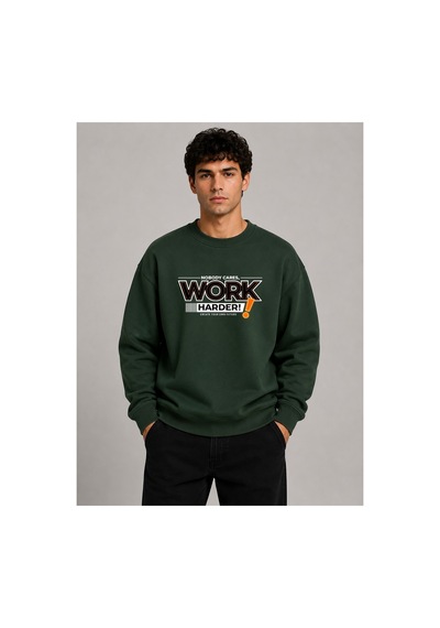 Herkesemoda Work Harder Baskı Detaylı Bisiklet Yaka Şardonlu 2 İplik Sweatshirt Yeşil