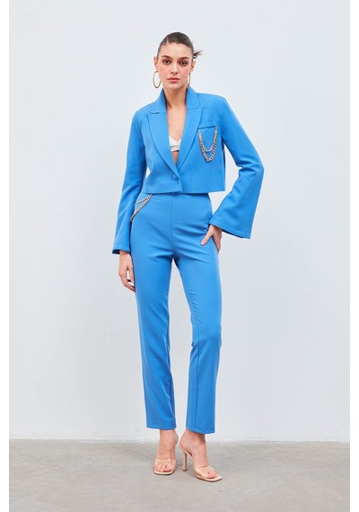 Sateen Zincir Aksesuarlı Pantolon - Mavi
