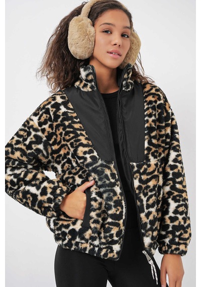 Bigdart Gabria Leopar Desen Fermuarlı Peluş Mont Siyah
