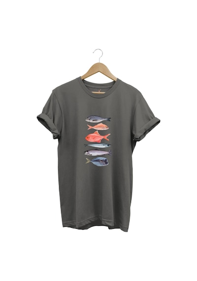 Fishing Balıkçılık Baskılı Renkli Çeşitli Balık Tasarım %100 Pamuk Regular Fit Bisiklet Yaka T-shirt Gri