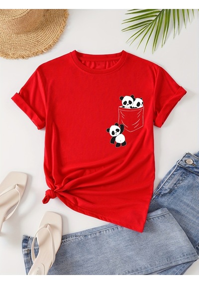 Uyguntarz Unisex Cep Panda Baskılı Tasarım Tshirt Kırmızı