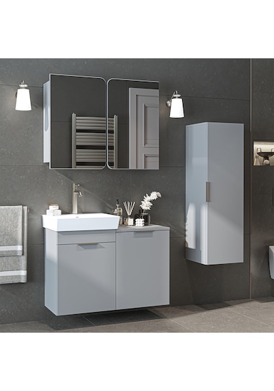 Dubai Mdflam Sepetli Banyo Dolabı Seti, Lavabolu Alt Dolap + Aynalı Banyo Üst Dolabı + Boy Dolabı Kül Gri Dubai Mdflam Sepetli Banyo Dolabı Seti, Lavabolu Alt Dolap + Aynalı Banyo Üst Dolabı + Boy Dolabı Kül Gri