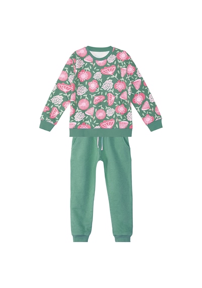 Denokids - Kız Çocuk Kışlık Çiçek Desenli Yeşil Uzun Kollu Eşofman Takımı 4-10 Yaş