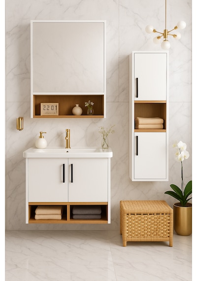Dmz Home Concept Legna 65 Cm Beyaz-ahşap Renkli Mdf, Seramik Lava Beyaz - Meşe