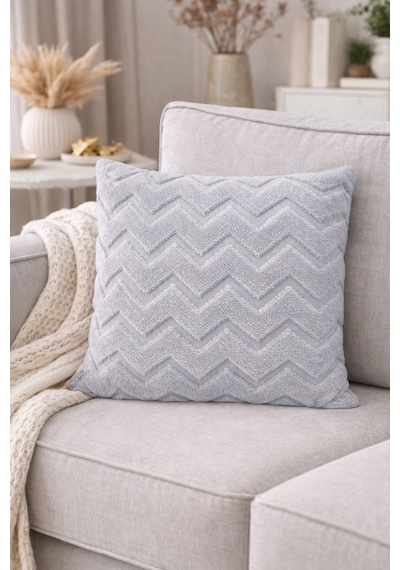 Peluş Dekoratif Kırlent Kılıfı İskandinav Zigzag-balıksırtı 4 Lü Set 42x42 Cm Açık Gri - Koyu Gri