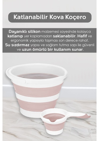 4'lü Set - 90 Lt Bölmeli Kirli Çamaşır Sepeti Katlanabilir Sepet Akordiyon Su Kovası Maşrapa Pembe Pembe