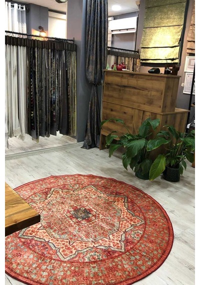 Frenda Home Vintage Desen Pamuk Taban Baskılı Yıkanabilir Yuvarlak Halı Kırmızı