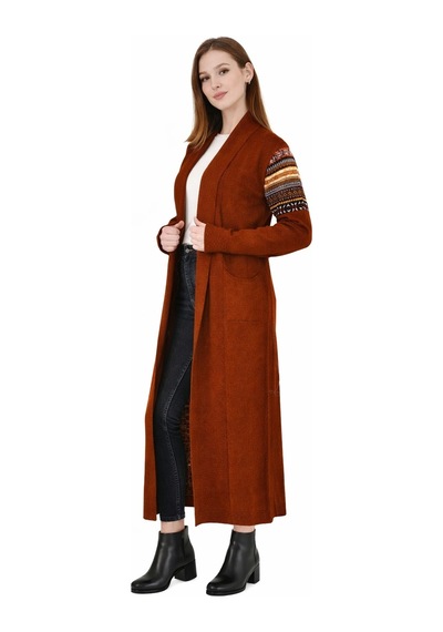 Onno Style Women Kilim Desen Uzun Ceket Kiremit
