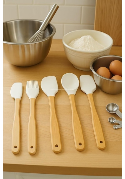 Tr 5'li Silikon Spatula Seti Bambu Saplı Mutfak Gereçleri Isıya Dayanıklı Yapışmaz Hamur Karıştırıcı Pasta F Diğer